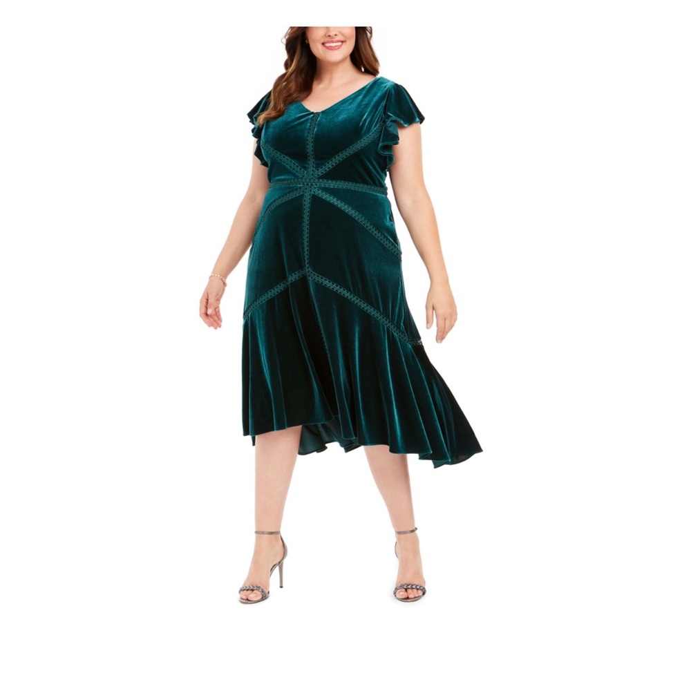 Taylor Womens A-Line Dress Green Velvet High-Low Hem